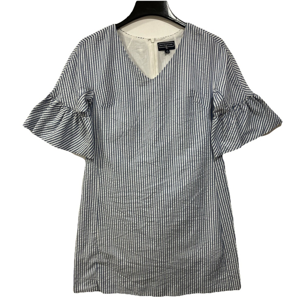 Duffield Lane Stripe Seersucker Dress Ruffle Sleeve Coastal Cottage Beach Size S